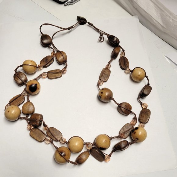 Large Wood Inspired Earthtone Beaded Long Statement Necklace - Picture 8 of 10